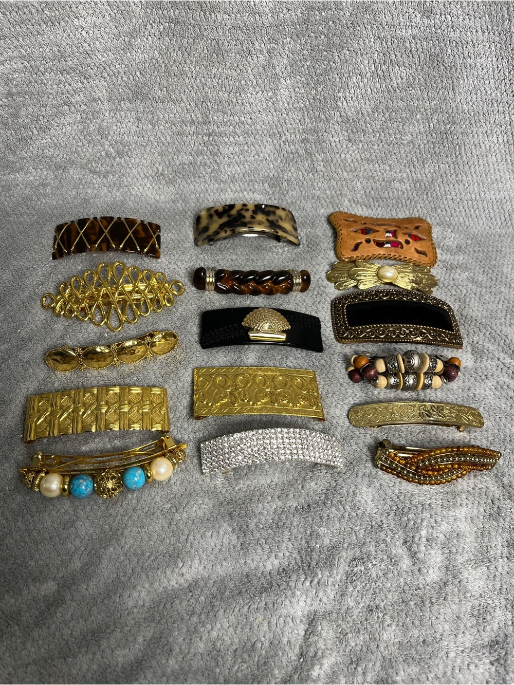 Vintage hair barrette lot gold, beaded, tortoise 16 pieces made in France